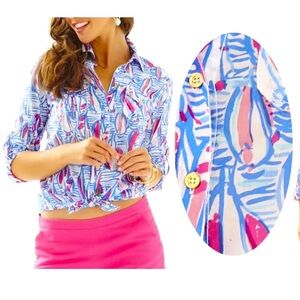 NWT Lilly Pulitzer Cruiser Resort White Red Right Return Sailboat Print Shirt